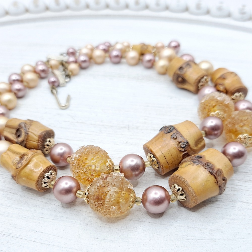 Vintage Japan Double Strand Necklace Chunky Bamboo Faux Pearl Glass Beads 16" - Picture 2 of 12